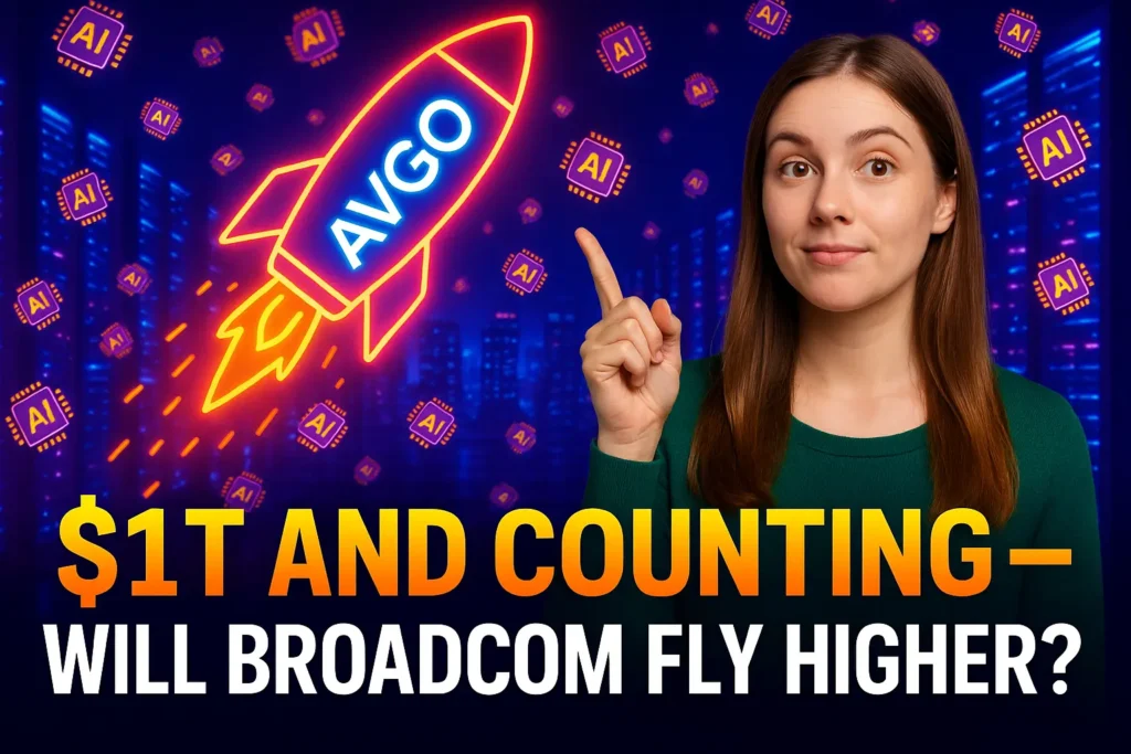 Broadcom AVGO stock rocket with woman in data center — AI chip growth 2025