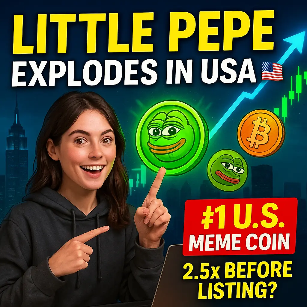 Young woman pointing at Little Pepe meme coin as it trends in
