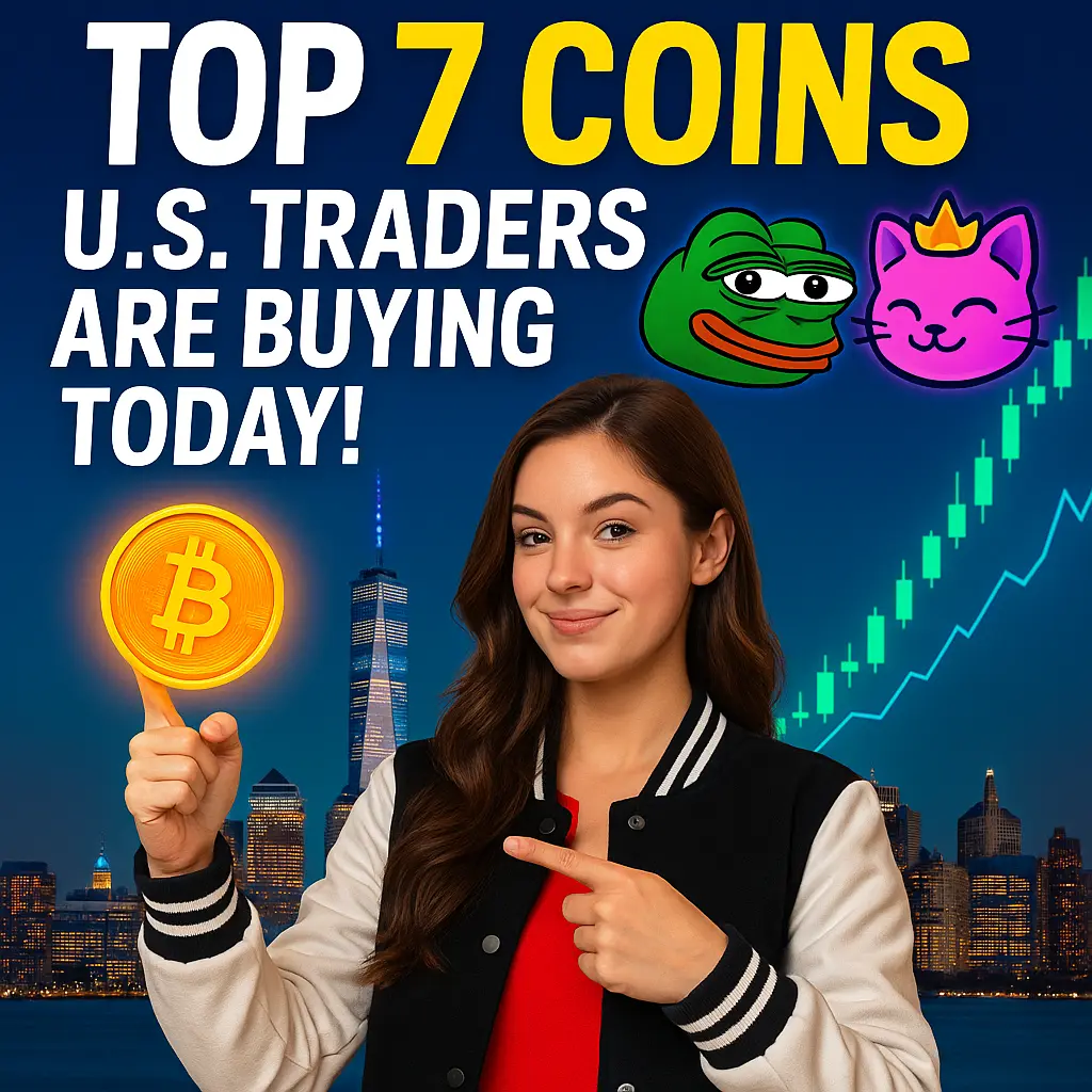 Young woman holding Bitcoin with Pepe Coin and Queen Kitty over NYC skyline, representing trending cryptocurrencies in the USA today