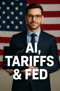 Young businessman with tablet showing rising stocks, U.S. flag backdrop, AI Tariffs Fed text overlay