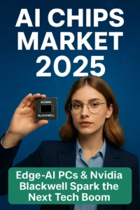 AI Chips Market 2025 – Woman holding Nvidia Blackwell AI chip