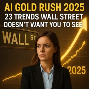 A confident woman holding glowing AI chip on Wall Street with text: AI Gold Rush 2025 - 23 Trends Wall Street Doesn’t Want You to See