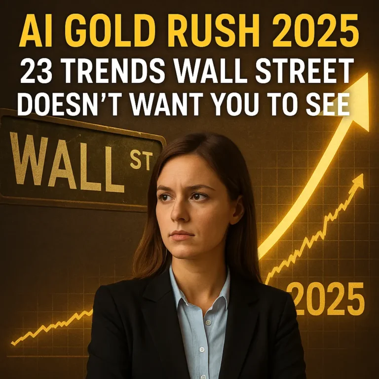 A confident woman holding glowing AI chip on Wall Street with text: AI Gold Rush 2025 - 23 Trends Wall Street Doesn’t Want You to See