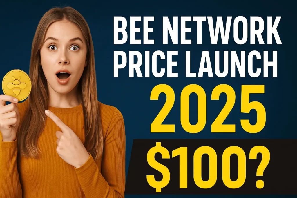 Excited young woman holding Bee Network coin with bold 2025 price forecast