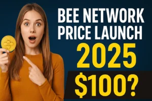 Excited young woman holding Bee Network coin with bold 2025 price forecast