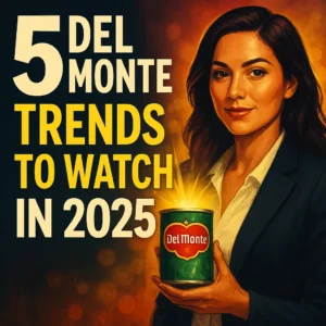 alt="Confident woman holding Del Monte products with 2025 market trends in the USA"