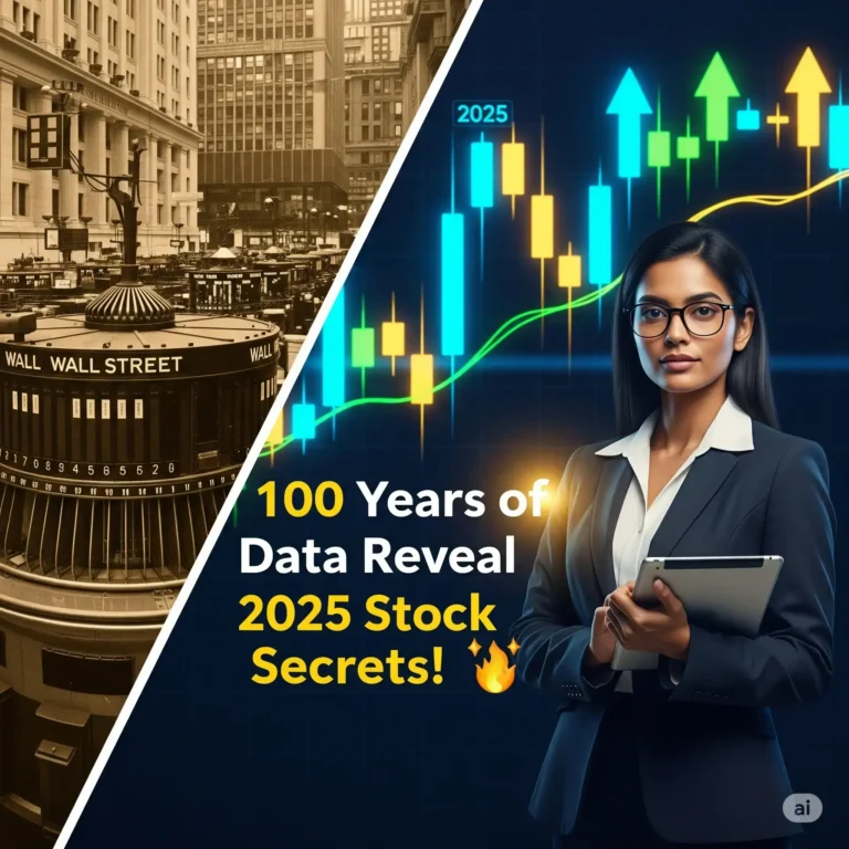 Attractive businesswoman in front of vintage Wall Street and rising 2025 stock charts with text “100 Years of Data Reveal 2025 Stock Secrets”