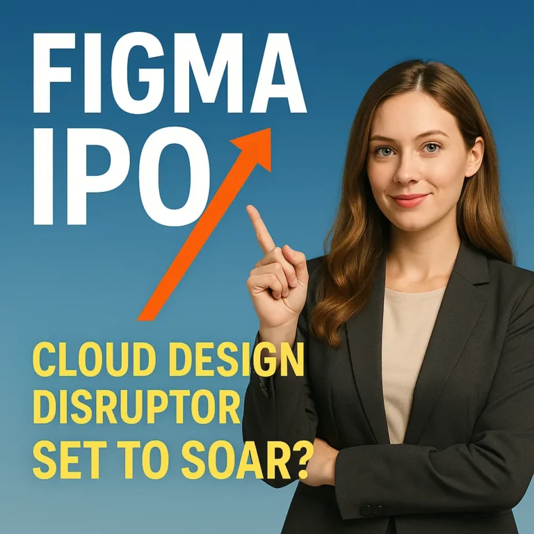 Confident woman pointing upward beside bold Figma IPO text with upward arrow, signaling investment opportunity in 2025 cloud design disruptor.