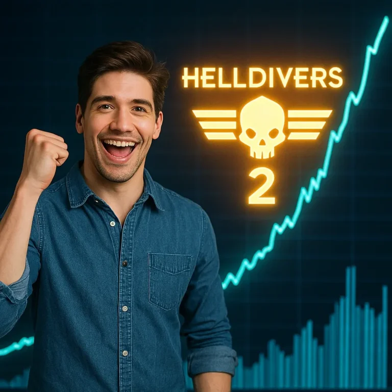Happy young man celebrating Helldivers 2 Xbox release with rising stock chart and glowing game logo in background.
