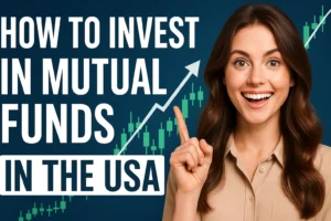 Smiling woman pointing upward with candlestick chart and text 'How to Invest in Mutual Funds in the USA'