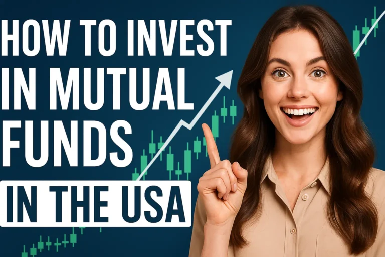 Smiling woman pointing upward with candlestick chart and text 'How to Invest in Mutual Funds in the USA'