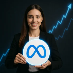 Smiling woman holding glowing Meta logo in front of rising stock chart background, representing META stock surge in 2025.