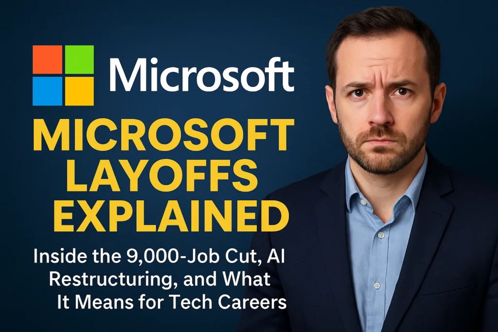 Professional businesswoman in front of Microsoft logo with “9,000 Jobs Cut” bold text, AI cloud overlay, symbolizing layoffs and tech restructuring in 2025