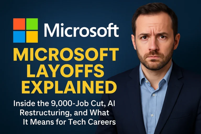 Professional businesswoman in front of Microsoft logo with “9,000 Jobs Cut” bold text, AI cloud overlay, symbolizing layoffs and tech restructuring in 2025