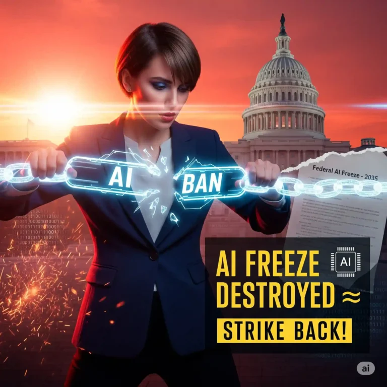 alt="Young woman breaking AI BAN chain in front of U.S. Capitol after Senate kills AI law freeze"