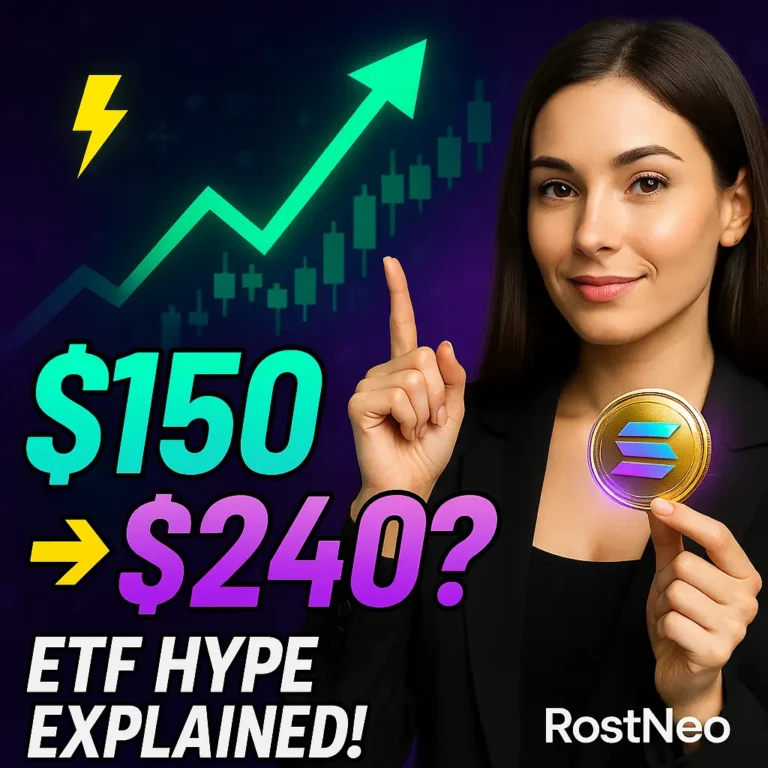 Young woman holding Solana coin with $150 to $240 ETF price prediction chart