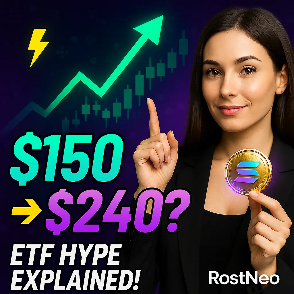 Young woman holding Solana coin with $150 to $240 ETF price prediction chart