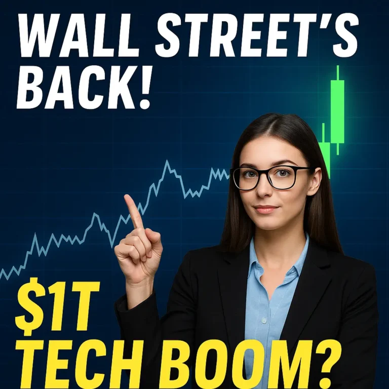 Confident woman pointing at green candlestick stock chart – Stock Market Today Tech Rally