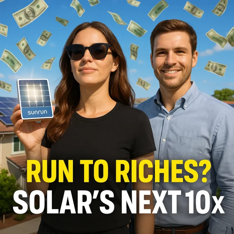 Confident man and woman on a solar rooftop holding a Sunrun solar panel with dollar bills in the air – RUN stock 2025
