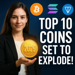 Confident woman holding a glowing 2025 crypto coin with Bitcoin, Solana, and Toncoin logos and text 'Top 10 Coins Set to Explode!'