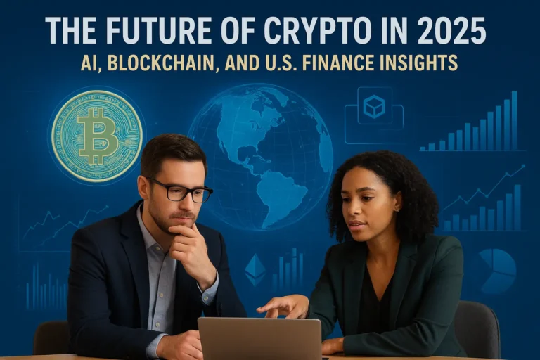 U.S. investors analyzing the future of crypto in 2025 with AI, blockchain, and finance charts