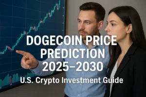 U.S. investors analyzing Dogecoin price prediction 2025–2030 with stock charts and market data