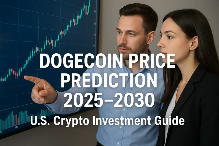 U.S. investors analyzing Dogecoin price prediction 2025–2030 with stock charts and market data
