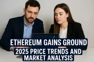 U.S. male and female investors analyzing Ethereum price trends in 2025 on a laptop with charts