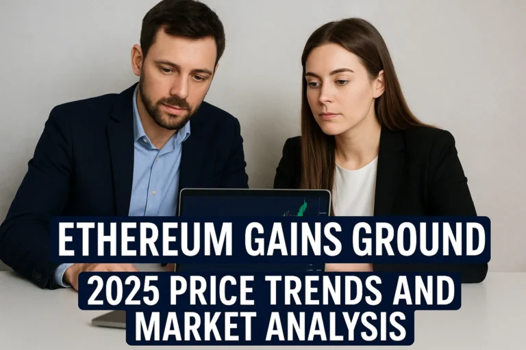 U.S. male and female investors analyzing Ethereum price trends in 2025 on a laptop with charts