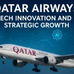Qatar Airways aircraft with digital tech overlays showcasing AI and blockchain themes