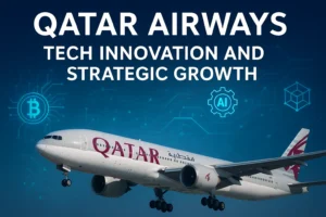 Qatar Airways aircraft with digital tech overlays showcasing AI and blockchain themes