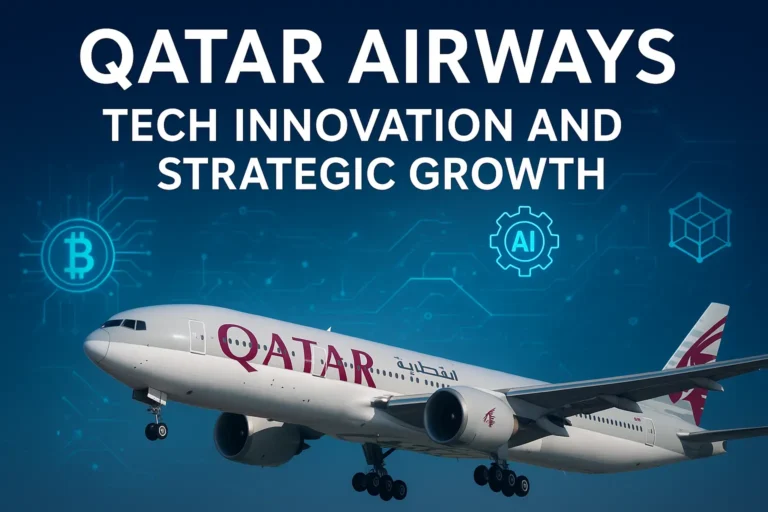 Qatar Airways aircraft with digital tech overlays showcasing AI and blockchain themes
