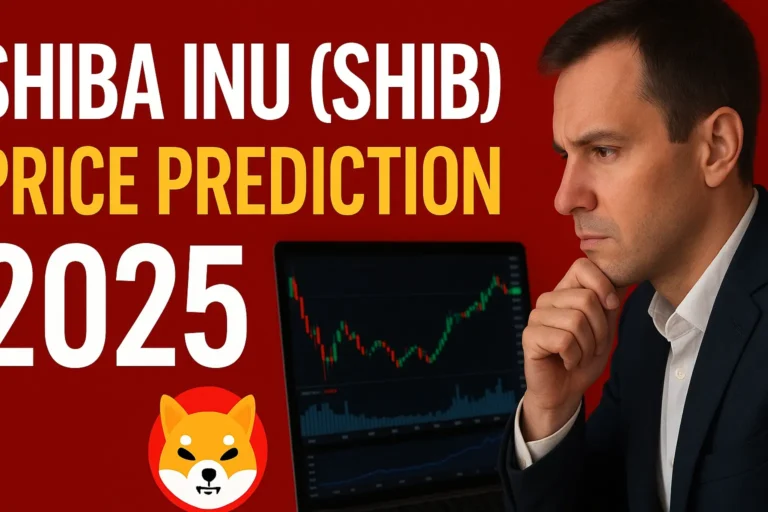 U.S. crypto investor analyzing Shiba Inu (SHIB) price prediction for 2025 with blockchain and financial charts